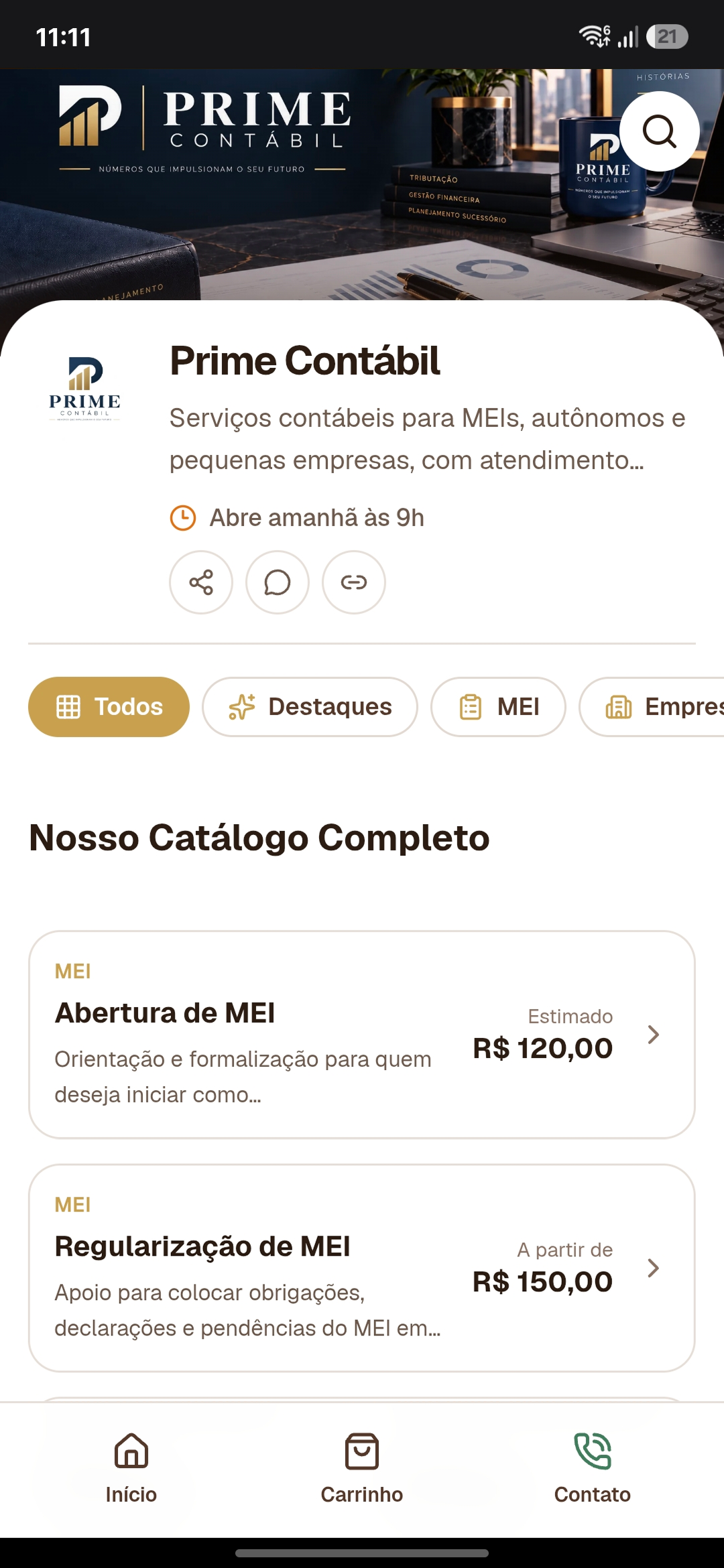 Catálogo comercial de Prime Contábil